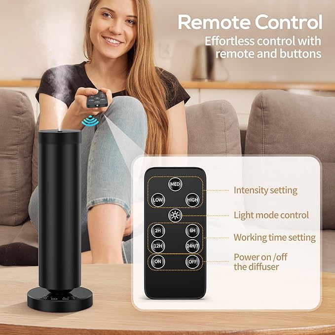 Waterless Diffuser with 90ML Essential Oils, Aromatherapy Diffuser Covers 1000 Sq Ft, Diffusers for Home Hotel, Adjustable Mist & Timer, Scent Diffuser Starter Kit with Night Light, Black