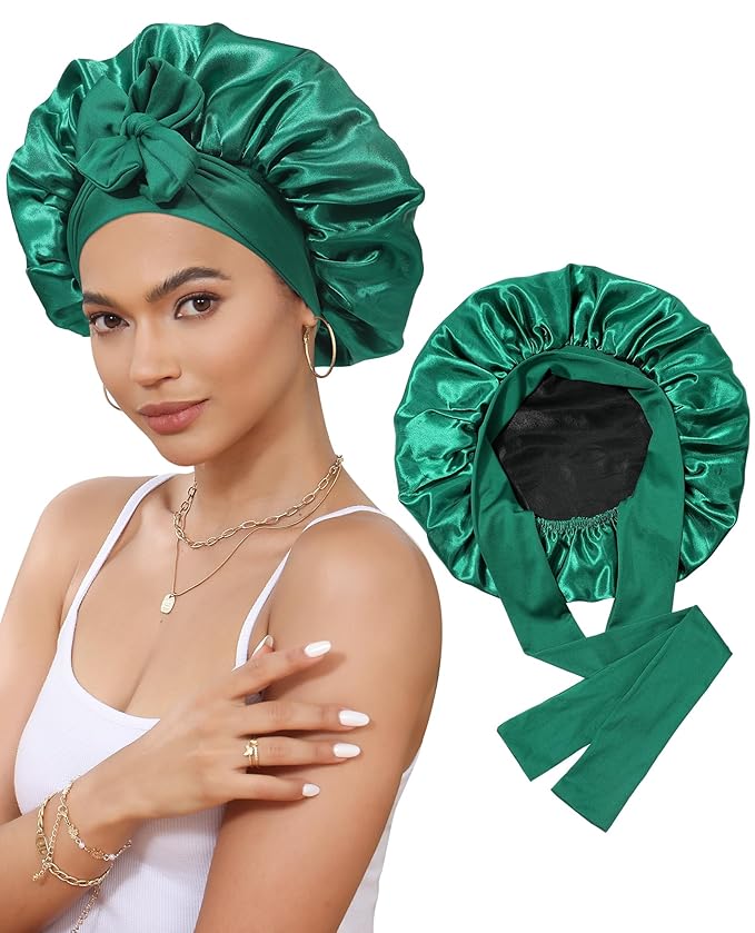 Satin Bonnet Silk Bonnet for Sleeping Silk Sleep Cap Double Layer Hair Bonnet with Elastic Tie Band for Curly Hair Night Cap (Dark Green+Black)