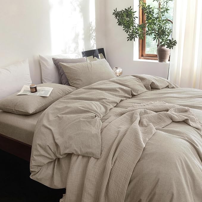 FOSSA Duvet Cover Set 100% Washed Cotton Linen Feel Super Soft Breathable Cozy 3 Pieces Bedding Sets Solid Tannish Linen Grey Oversized Queen