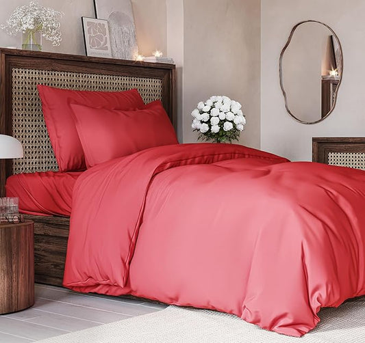 Duvet Cover Twin/Twin XL Size Set - Extra Soft Duvet Cover 68 x 90 with 1 Pillow Sham - Hotel Luxury, Easy Care and Fade Free with Zipper Closures and Ties - Comfy, Cozy Breathable Bedding Set (Red)