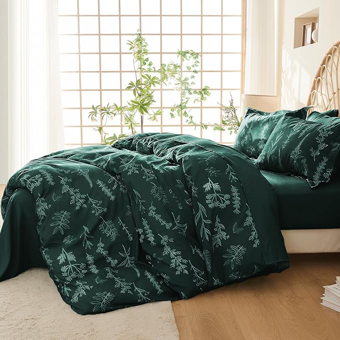 MUXHOMO Duvet Cover Full Size, Reversible Floral Forest Green Duvet Cover Set with Zipper Closure, 3 Pieces Botanical Patterns Soft Microfiber Bedding Set with 4 Ties (80"x90", 2 Pillow Cases)