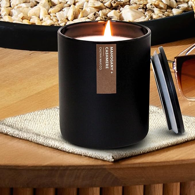Calyan Wax Candle, Mahogany & Cashmere Scented Candle, 75 Hour Burn Time, Aromatherapy Soy Candles, Non Toxic & Vegan Soy Wax, Black Tumbler Scented Candles, 13oz