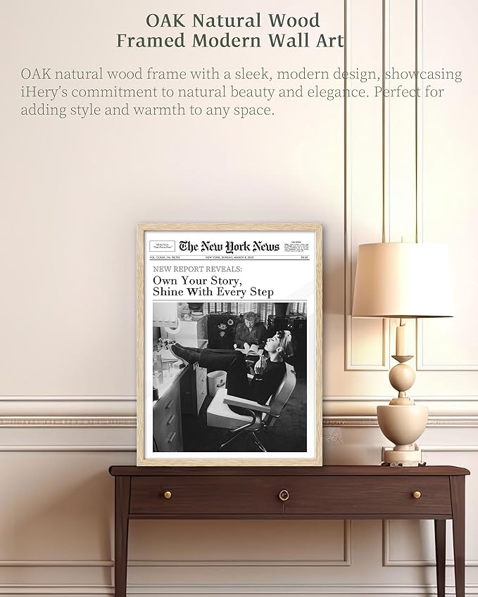 iHery Natural OAK Wood Audrey Hepburn Framed Wall Art, 12x16 in Own Your Story Shine With Every Step Canvas Wall Decor, Modern Trendy Newspaper Bedroom Decor, Set of 1 For Bathroom Living Room