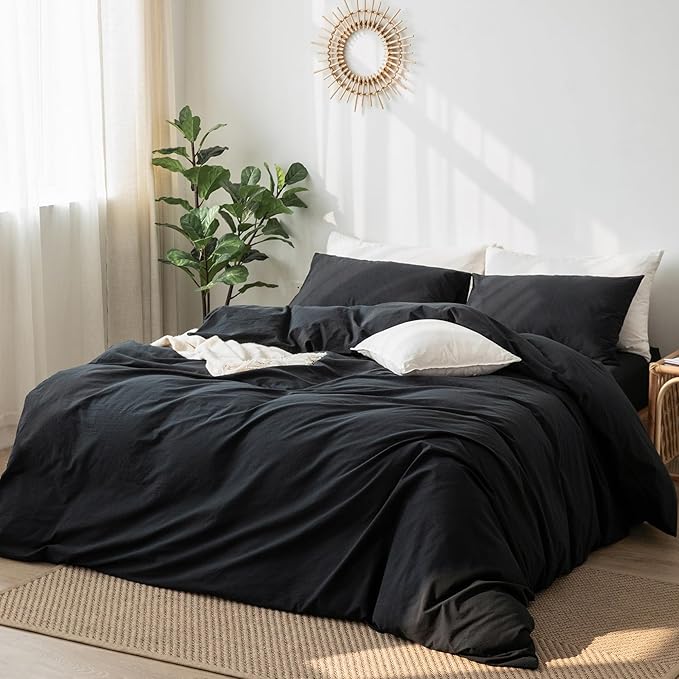 MooMee Bedding Duvet Cover Set 100% Washed Cotton Linen Like Textured Breathable Durable Soft Comfy (Solid Black, Super King 108"x98")