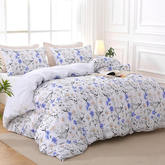 Duvet Cover King Size, Reversible Floral Vintage Duvet Cover Set with Zipper Closure, 3 Pieces Botanical Patterns Soft Microfiber Bedding Set (90"x104", 2 Pillow Cases 20"×36", Purple Blue Daisy)
