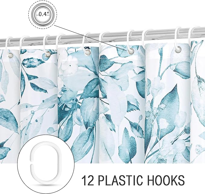 Gibelle Long Shower Curtain 72 x 78, Tall Spa Blue Floral Shower Curtain for Bathroom, Watercolor Plant Eucalyptus Leaves Fabric Shower Curtain Set with Hooks