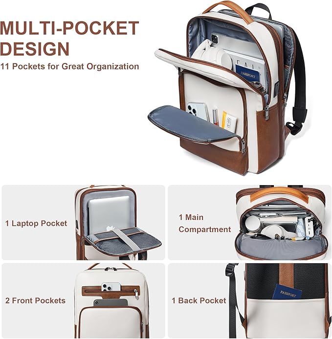 Shrrie Leather Laptop Backpack for Women and Men,28 L Travel Backpack Computer Bag Fits 16 inch Laptop,Expandable Casual Daypack with USB Port for Work Business Weekender College,Beige with Brown