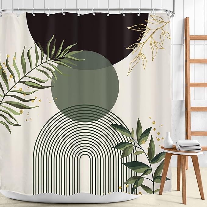 Dark Green Boho Shower Curtain 72Wx72H Black Bohemian Modern Abstract Plant Leaves Minimalist Geometric Bathroom Decor Mid Century Plant Neutral Bath Curtain Fabric Polyester 12 Pack Hooks