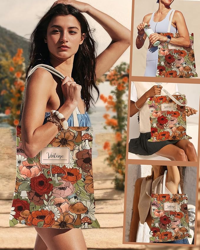 Aesthetic Canvas Tote Bag with Inner Pocket for Women, Cloth Cotton Totes Bag with Pattern for Shopping, Gym