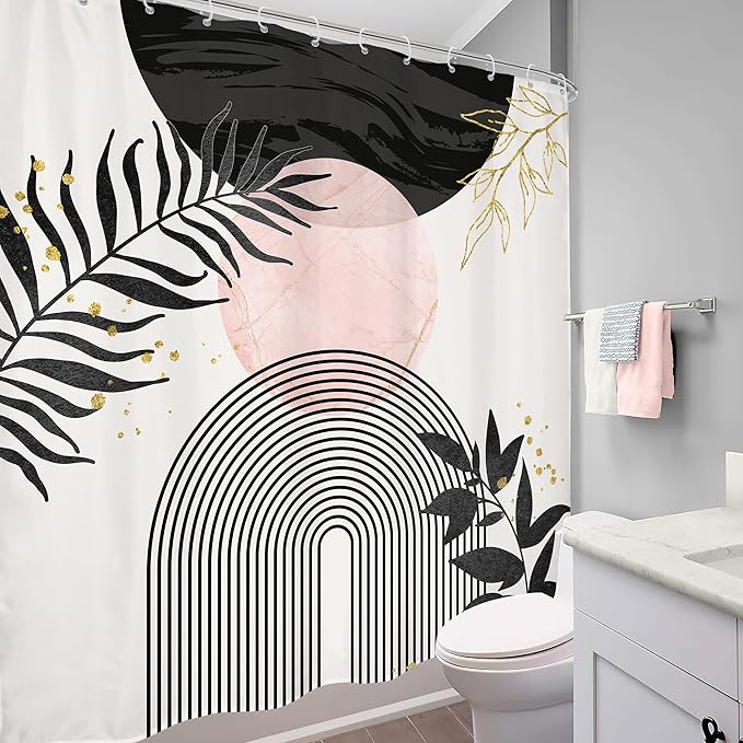 Black Pink Boho Shower Curtain 72Wx72H Bohemian Modern Mid Century Abstract Minimalist Gold Leaves Sun Arch Geometric Plant Bathroom Decor Neutral Bath Curtain Fabric Polyester 12 Pack Hooks