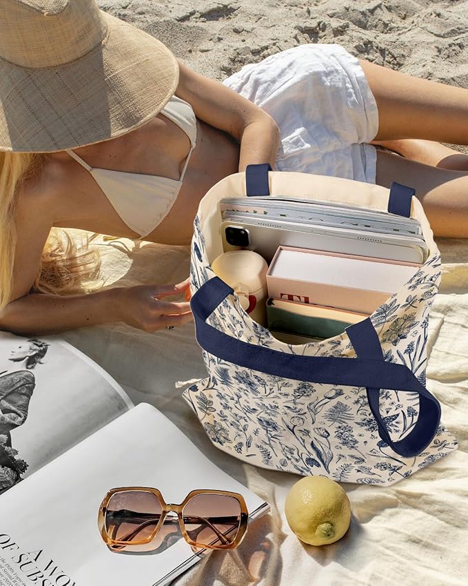 Aesthetic Canvas Tote Bag with Inner Pocket for Women, Cloth Cotton Totes Bag with Pattern for Shopping, Gym