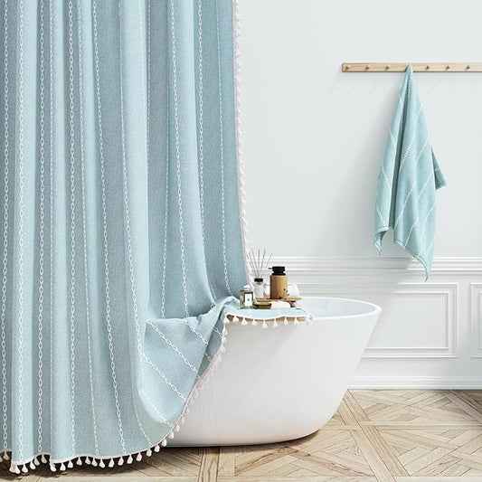 BTTN Stall Fabric Shower Curtain - 54x78 Boho Striped Linen Heavy Duty Tassel Shower Curtain Set with 10 Hooks, Narrow Rustic Modern Farmhouse Bohemian Cloth Shower Curtains for Bathroom - Fog Blue
