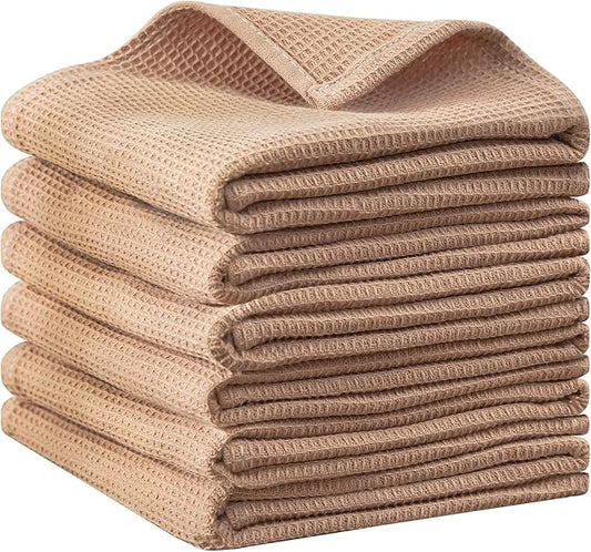 QUILTINA Dish Towels Set,100% Cotton Waffle Weave Kitchen Towels 6 Pack,17 x 25 Inches Dish Towels for Kitchen,Super Absorbent for Drying and Cleaning(Brown)