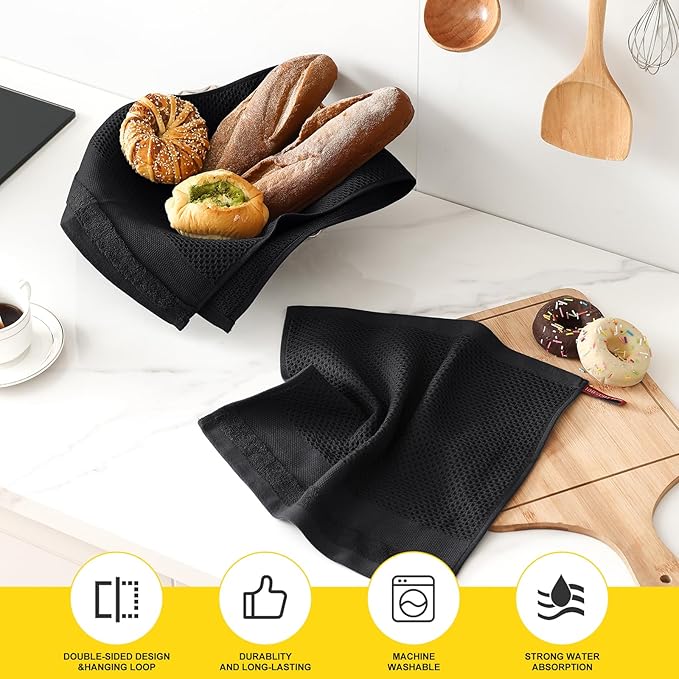 Homaxy Kitchen Towels and Dishcloths Set, 12 x 12 and 13 x 28 Inches, Set of 8 100% Cotton Waffle Weave Kitchen Towels, Super Soft and Absorbent Dish Cloths, Black