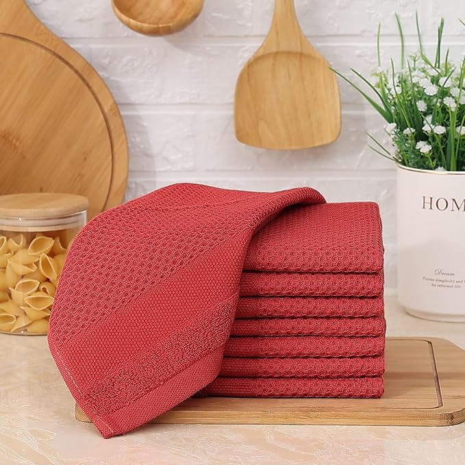 Homaxy 100% Cotton Dish Cloths, 8 Pack - 12 x 12 Inches, Waffle Weave Super Soft and Absorbent Dish Towels Quick Drying Dishcloths, Red