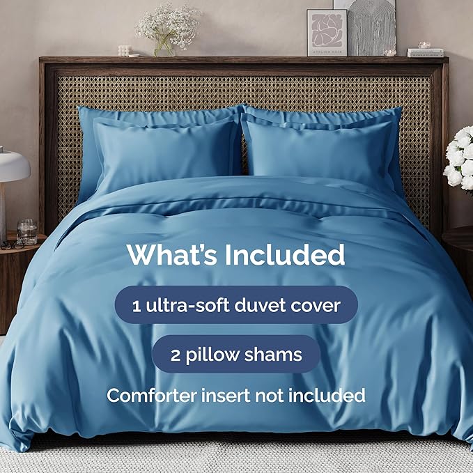 Duvet Cover Queen Size Set - Extra Soft Queen Size Duvet Cover 90 x 90 with 2 Pillow Shams - Hotel Luxury Easy Care and Fade Free w/Zipper Closures & Ties - Comfy Breathable Bedding Set (Denim Blue)