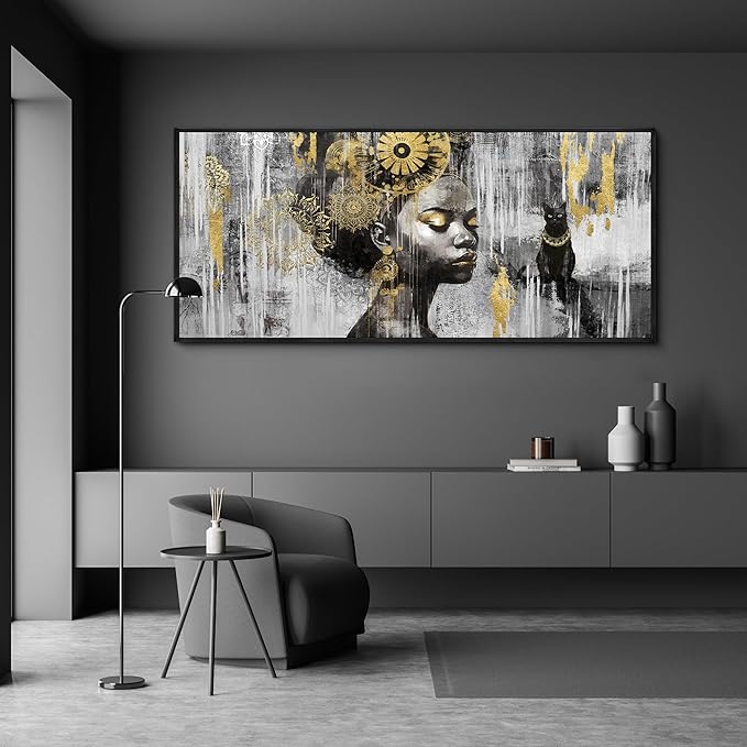 KLAKLA African American Wall Art - Large Black Girl Black Woman Black and Gold Artwork Canvas Picture Framed Wall Decor for Living Room Bedroom Home Decoration