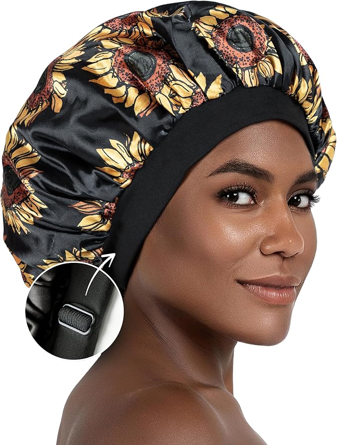 Satin Bonnet Adjustable Sleeping Silk Bonnet Black Women Men Double Layer Satin Silk Sleep Cap Hair Wrap Large Curly Hair