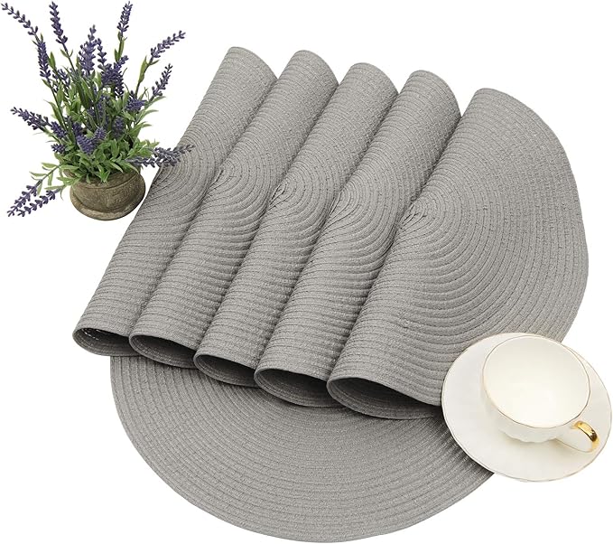 SHACOS Round Braided Placemats Set of 6 Thick Fabric Circle Grey Place Mats Woven Table Mats for Dining Tables 15 inch (Gray, 6)