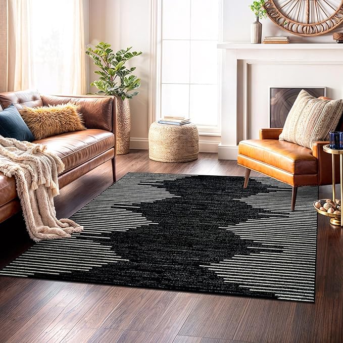 Rugshop Bohemian Stripe Stain Resistant High Traffic Living Room Kitchen Bedroom Dining Home Office Square Area Rug 6'6" x 6'6" Black