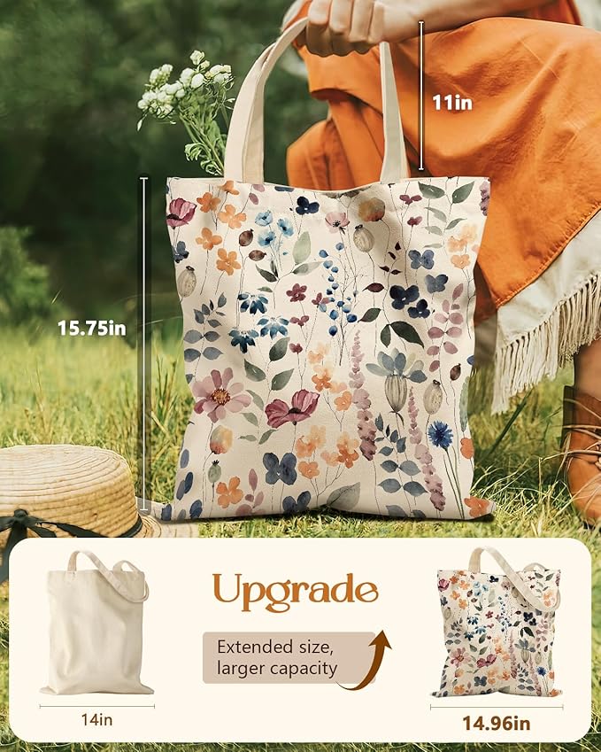 Aesthetic Tote Bag for Girls - with Magnetic Buckle and Zipper Inner Pocket for Women Lady Canvas Cotton Tote Bag