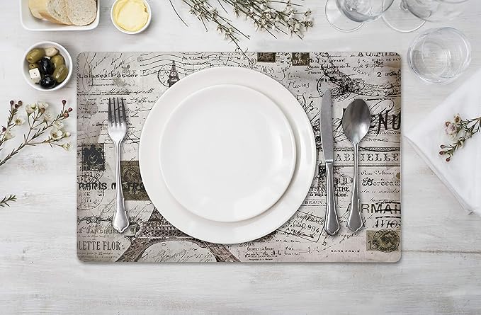 Vinyl Rectangular Placemats Set of 4 - Non Slip Place Mats Ideal for Indoor and Outdoor Dining Table - Washable and Heat Resistant Table Mat for Kitchen Tables (Paris)