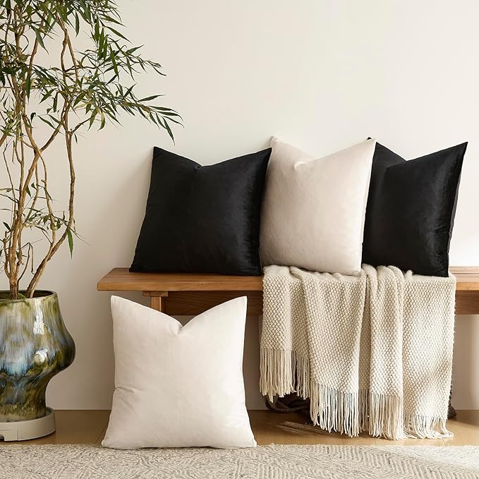 GIGIZAZA Pillow Covers 18x18 Set of 4,Black Ivory Velvet Soft Pillow Covers Decorative Square Modern Pillows Cushion Cases for Living Room