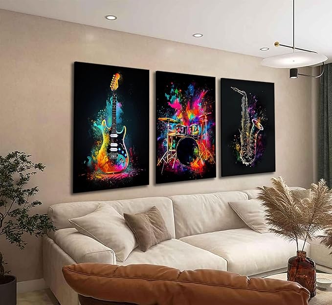 3pcs Musical Instrument Graffiti Canvas Wall Art Pop Music Instrument Style Wall Decor Pictures Rock Electric Guitar Jazz Drum Posters Prints for Teenagers Living Room Bedroom Home Decoration Framed