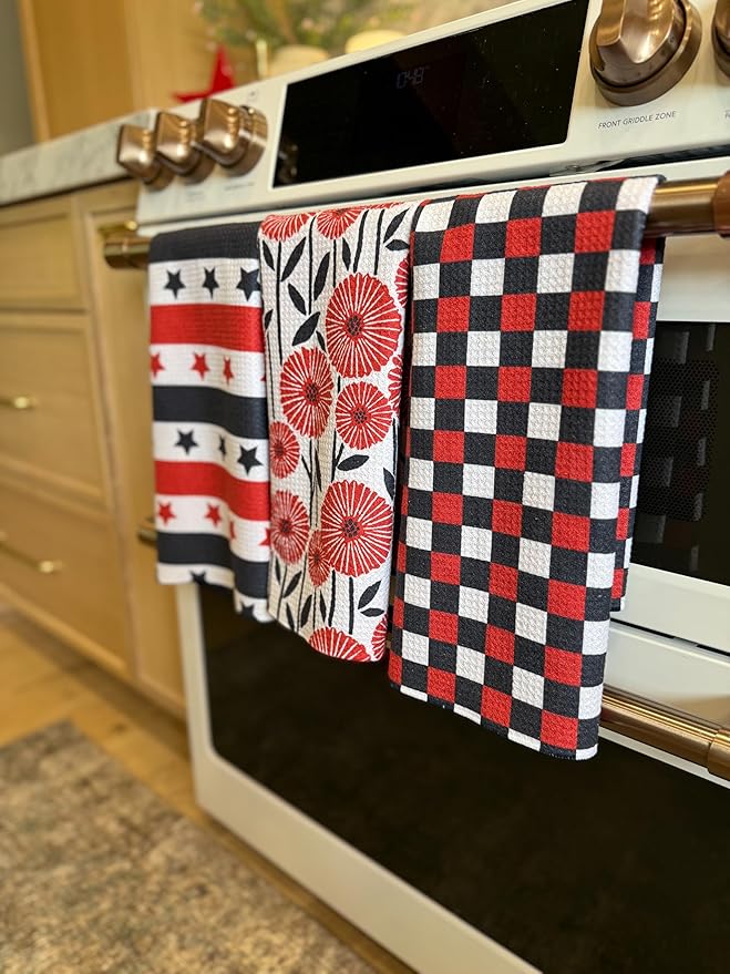 || 3 Pack|| Double Sided Dish Towels || Waffle Weave Microfiber || Tea Towels || Highly Absorbent || Hanging Loop || Dish Cloths || Modern || Designer Prints (July 4th)