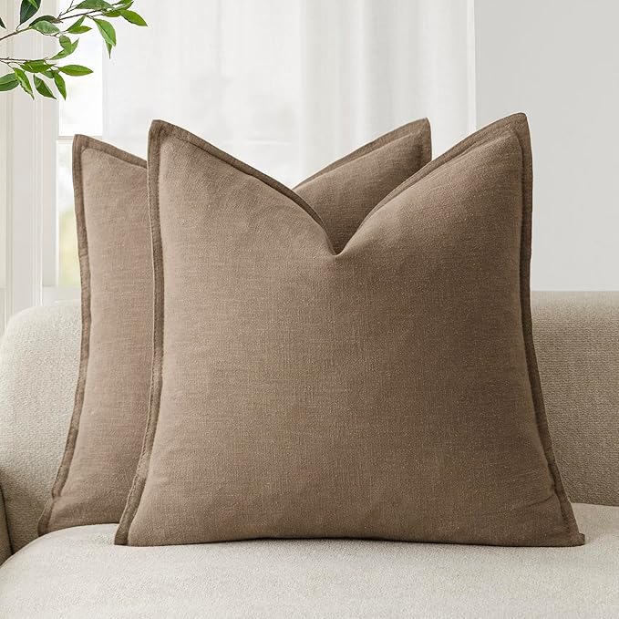 Foindtower Pack of 2, Decorative Linen Soild Throw Pillow Covers Soft Accent Cushion Case Boho Farmhouse Neutral Pillowcase for Chair Couch Sofa Bedroom Living Room Home Decor 18 x 18 Inch Light Brown