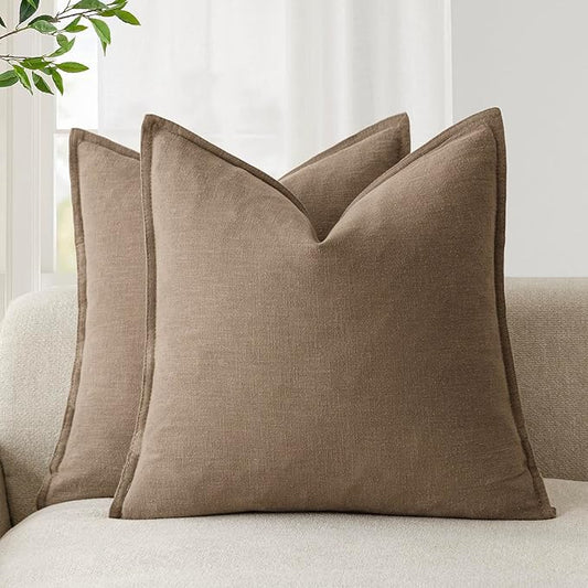 Foindtower Pack of 2, Decorative Linen Soild Throw Pillow Covers Soft Accent Cushion Case Boho Farmhouse Neutral Pillowcase for Chair Couch Sofa Bedroom Living Room Home Decor 20 x 20 Inch Light Brown