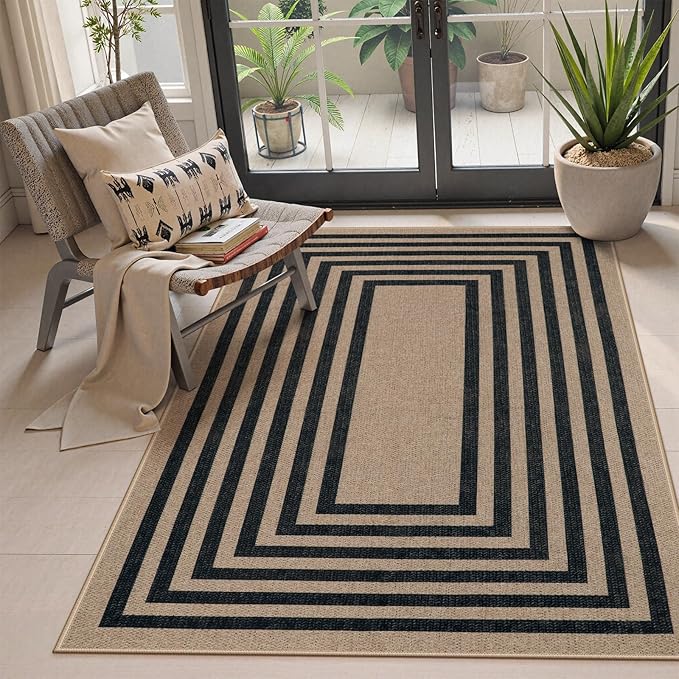 Lahome Modern Geometric Easy Jute Entryway Rug, 4x6 Black Washable Carpet for Bedroom Contemporary Thin Living Room Patio Rug, Farmhouse Non Slip Indoor Outdoor Carpet for Dining Room Backyard