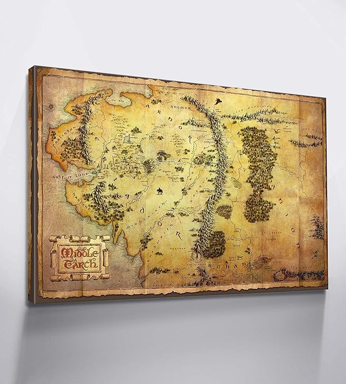 Middle Earth Map Wall Art with Built-in Wooden Frame - Map of Middle Earth Wall Decor for Game Room - Lightweight & Easy Hanging, 12x18 Inches