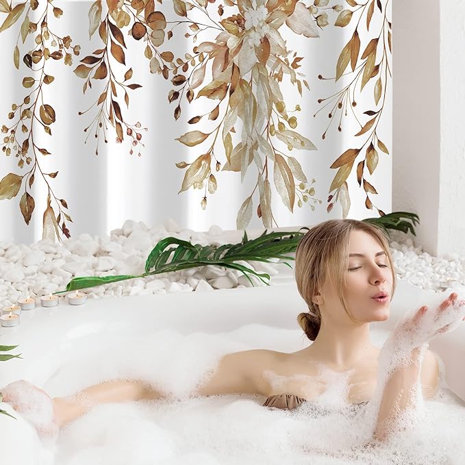 Gibelle Long Shower Curtain 72 x 78, Brown Floral Shower Curtain for Bathroom, Watercolor Plant Eucalyptus Leaves Fabric Shower Curtain Set with Hooks