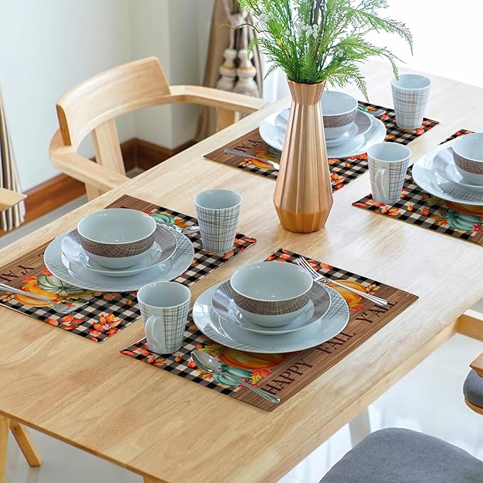 Giwawa Happy Fall Y'all Placemats Set of 4 Colorful Autumn Thanksgiving Pumpkins Leaves Decorative Linen Table Mat 12x18in Black Buffalo Plaids Non Slip Place Mat for Kitchen Dining Party Holiday