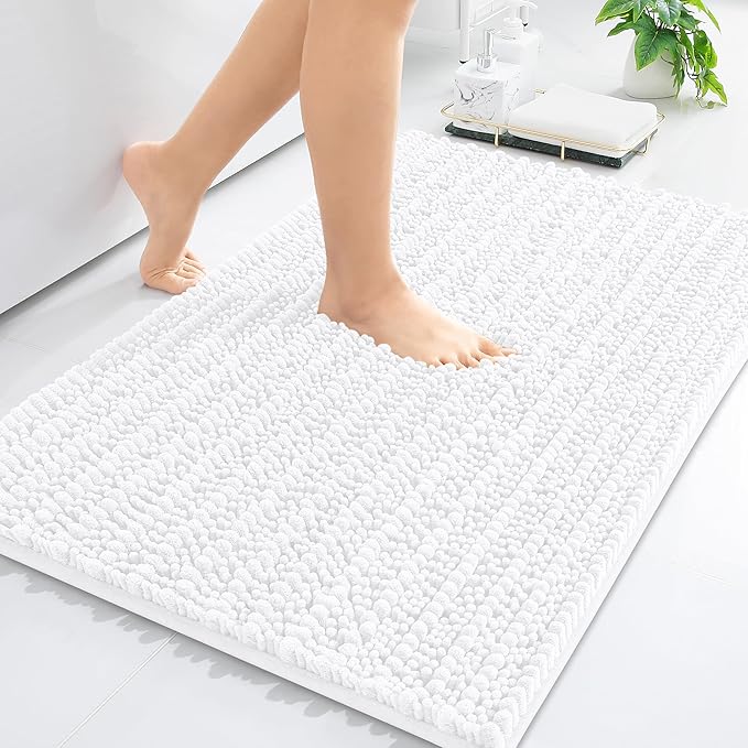 Arotive Luxury Chenille Bathroom Rug Mat, Extra Soft Thick Absorbent Shaggy Bath Rugs, Non-Slip Machine Wash Dry, Plush Bath Mats for Bathroom, Shower and Tub, 34x21, White