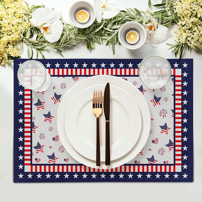 Giwawa 4th of July Placemats for Kitchen Dining, 12x18Inch Patriotic American Flag USA Stars Linen Table Place Mats Non-Slip Heat Resistance Set of 4 for Independence Day Holiday Party Decor