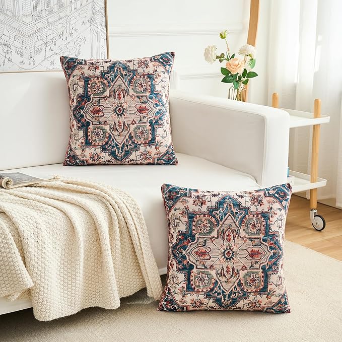 Boho Throw Pillow Covers 18x18 inch Set of 2,Boho Vintage Carpet Pattern Antique Ethnic Decor Double Sided Pattern Cushion Cover Soft Pillow Case Living Sofa Room Bed Square Pillow Cover