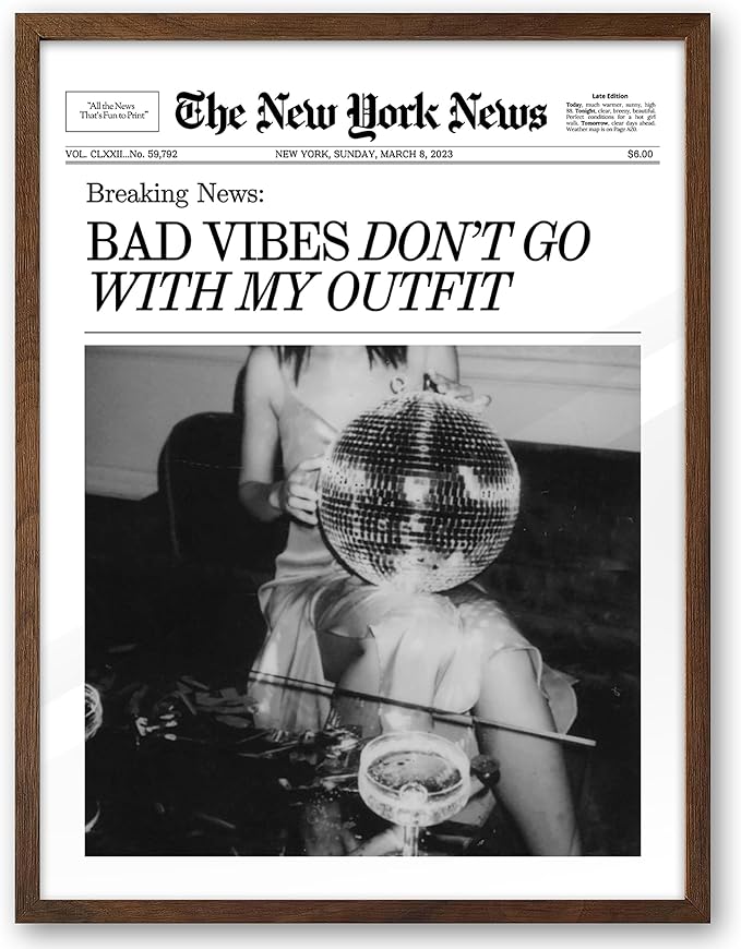 EcoHest Trendy Newspaper Magazine Framed Wall Art, 12x16 in Walnut Color OAK Wood Bad Vibes Don't Go With My Outfit Disco Bar Canvas Wall Art, Preppy Retro Decor For Bedroom Living Room 1Pack