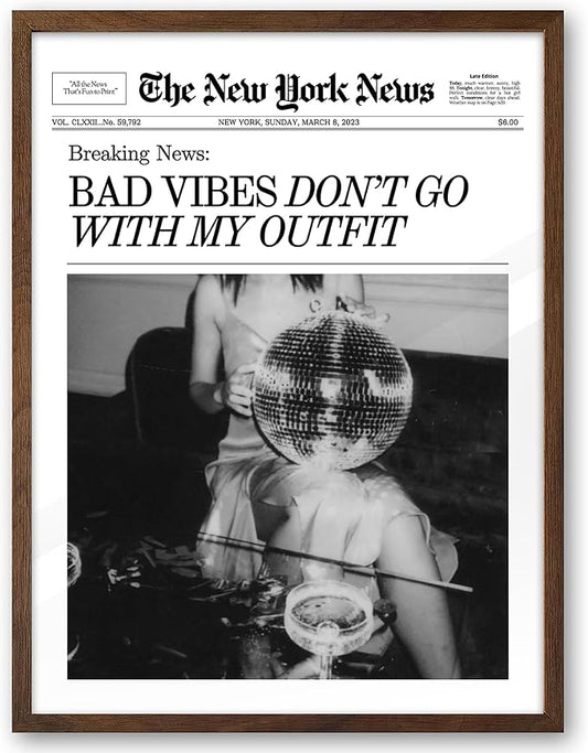 EcoHest Trendy Newspaper Magazine Framed Wall Art, 12x16 in Walnut Color OAK Wood Bad Vibes Don't Go With My Outfit Disco Bar Canvas Wall Art, Preppy Retro Decor For Bedroom Living Room 1Pack