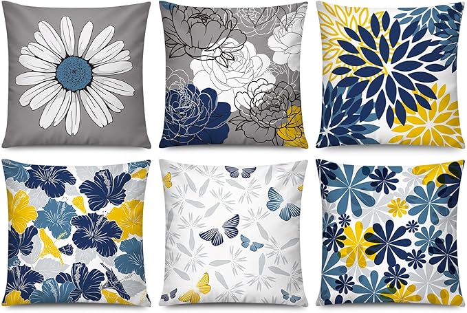 Navy Orange Throw Pillow Cover 18x18 Set of 6, Grey Blue Pillow Covers, Daisy Dahlia Pillowcase, Square Cushion Covers for Couch Sofa Living Room Home