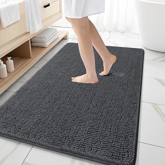 OLANLY Bathroom Rugs 59x35, Extra Soft Absorbent Chenille Bath Rugs, Rubber Backing Quick Dry, Machine Washable Bath Mats for Bathroom Floor, Tub and Shower, Home Decor Accessories, Dark Grey
