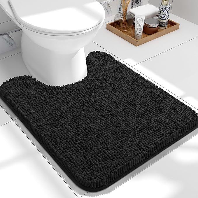 OLANLY Toilet Rugs U-Shaped 24x20, Extra Soft Absorbent Chenille Contour Bathroom Rugs for Toilet, Dry Quickly, Machine Washable, Non-Slip Bath Mat, Black