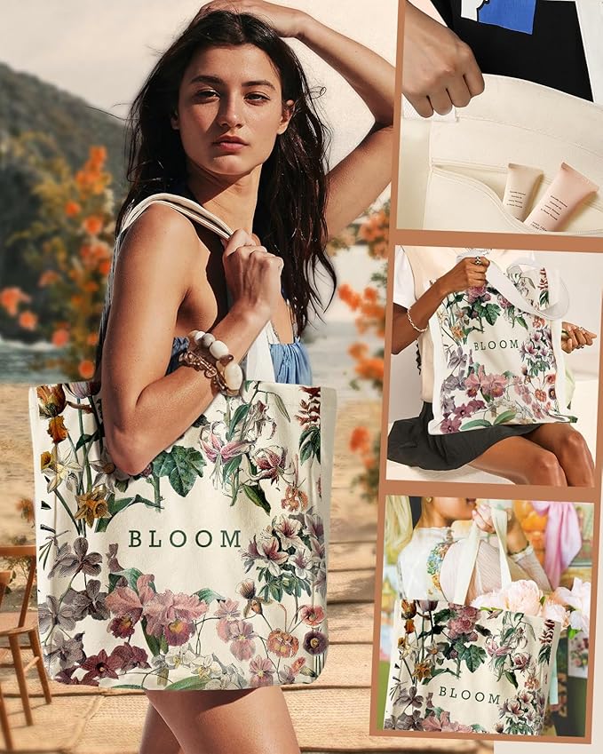 Aesthetic Heavy Canvas Tote Bag with Pocket for Women, Cloth Gusseted Totes Bag with Pattern for Shopping