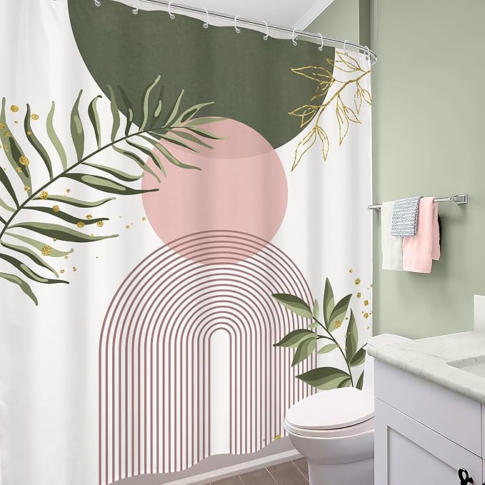 Pink Green Boho Shower Curtain 72Wx84H Extra Long Bohemian Mid Century Modern Abstract Sage Green Gold Leaves Plant Minimalist Bathroom Decor Arch Bath Curtain Fabric Polyester 12 Pack Hooks