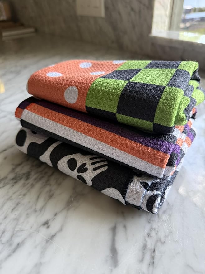|| 3 Pack|| Double Sided Dish Towels || Waffle Weave Microfiber || Tea Towels || Highly Absorbent || Hanging Loop || Dish Cloths || Modern || Designer Prints (Halloween Multi)