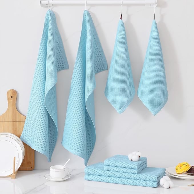 Homaxy 100% Cotton Kitchen Towels and Dishcloths Set, 12 x 12 Inches and 13 x 28 Inches, Set of 8 Bulk Kitchen Towels Set, Ultra Soft Absorbent Dish Cloths for Washing Dishes, Sky Blue