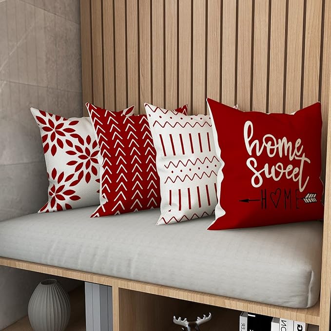 YCOLL Christmas Pillow Covers 18x18 Set of 4, Modern Sofa Throw Pillow Cover for Christmas Decor, Decorative Outdoor Linen Fabric Pillow Case for Couch Bed Car, Red