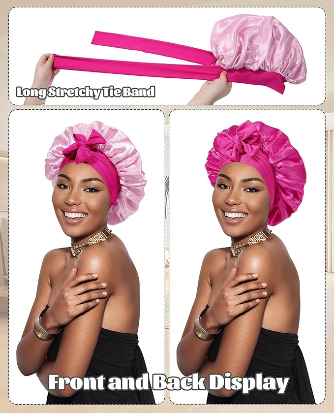 Satin Bonnet Silk Bonnet for Sleeping Silk Sleep Cap Double Layer Hair Bonnet with Elastic Tie Band for Curly Hair Night Cap (Rose red + Skin Powder)