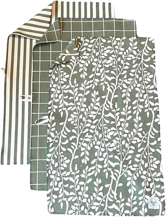 || 3 Pack|| Double Sided || Not Your Ordinary Dish Towels || Waffle Weave Microfiber || Highly Absorbent || Hanging Loop || Dish Cloths || Modern || Designer Prints || Green Stripe